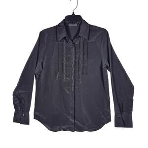 Karen Scott Black Pleated Front Long Sleeve Button Down Blouse Womens size Small